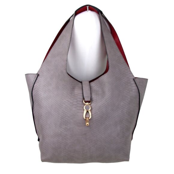 PARFOIS PARIS REVERSIBLE GRAY RED FAUX LEATHER SNAKE PRINT SHOULDER BAG PURSE - Picture 1 of 12